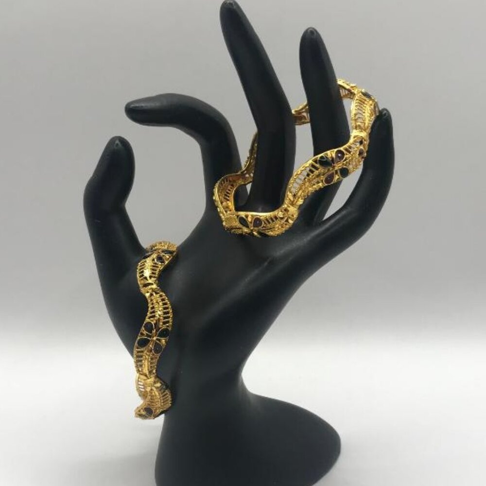 2 Gold-Tone with Green & Red Enamel  Flower Petals Bangles - Picture 2 of 6